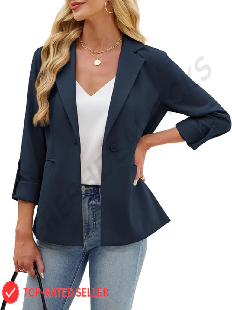 Linen Cotton Blazer Classic Rolled Sleeve Open Front Work Office Chic
